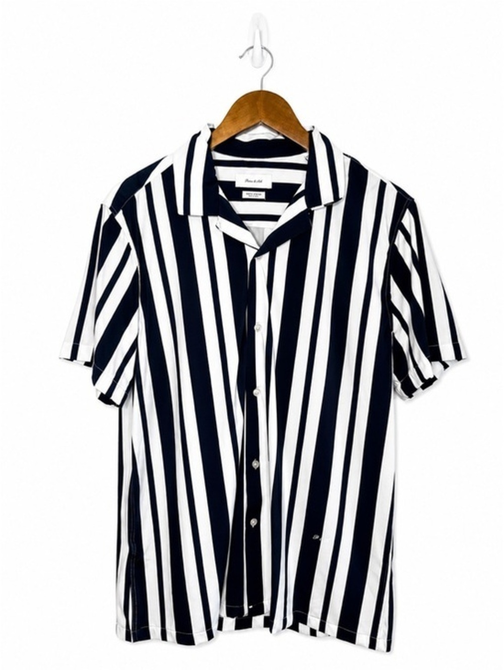 Porter & Ash Kinetic Stretch Camp Collar Shirt Men's Navy White Stripe Large